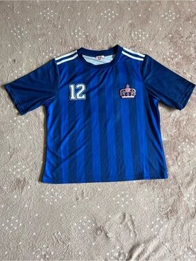 Women's Blue Striped Soccer Jersey with Number 12